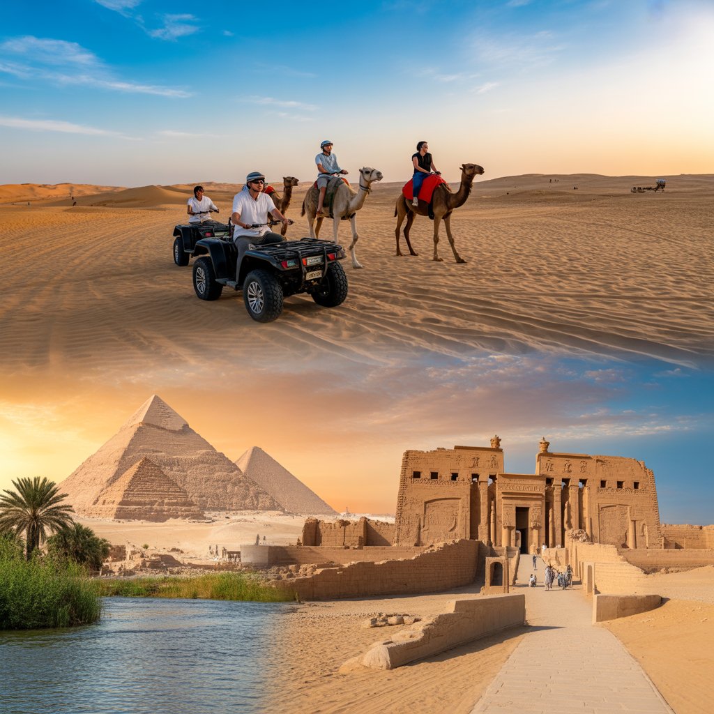 A collage-style travel image showing two main scenes: one side with tourists riding quad bikes and camels across golden sand dunes during a Hurghada desert safari under a bright blue sky, and the other side showing ancient Egyptian landmarks in Luxor, such as the Karnak Temple and the Valley of the Kings, with the Nile River flowing nearby. Vibrant lighting, cinematic travel photography, warm colors, and a mix of adventure and historical atmosphere