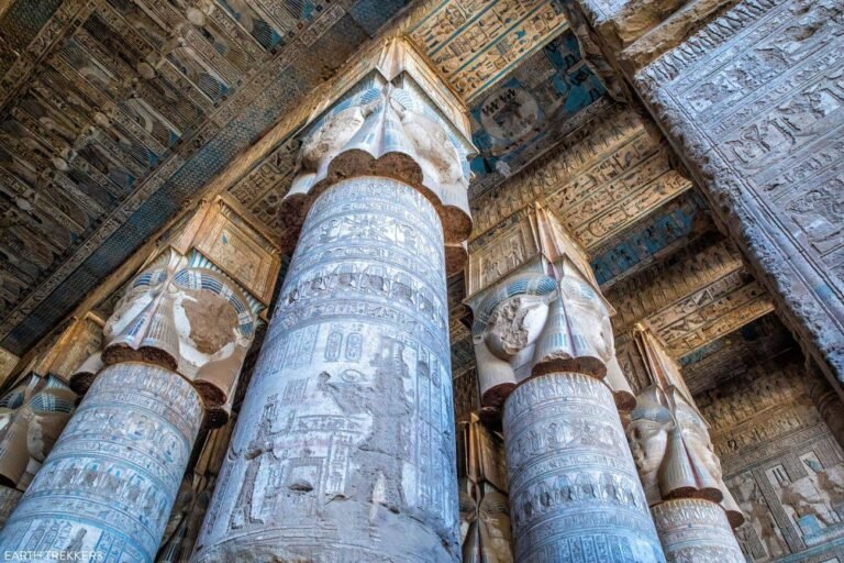 Hathor columns and painted ceiling inside Dendera Temple