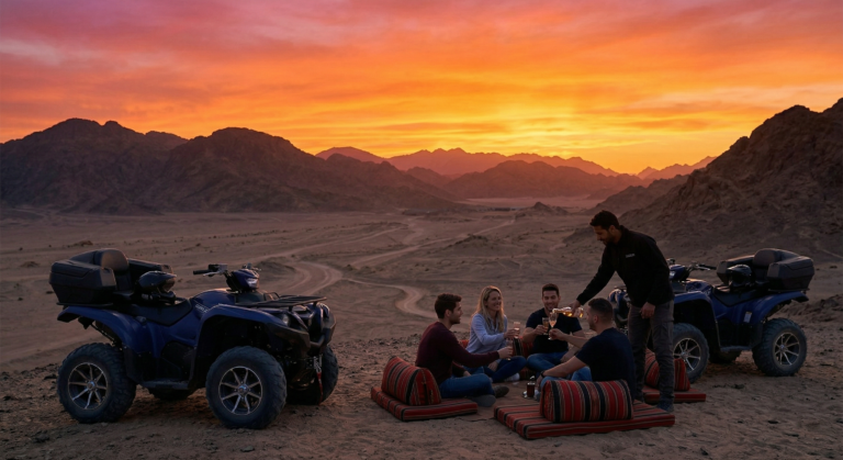 Bedouin tea beside quad bikes in the Sinai desert at sunset