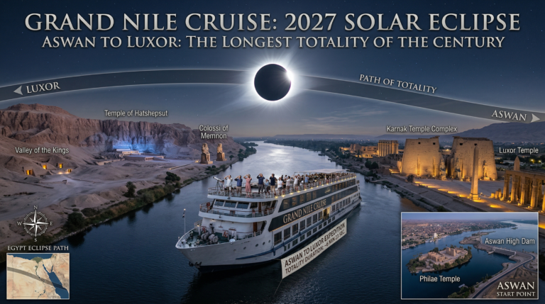 Map of the Grand Nile Cruise route for the 2027 solar eclipse, Aswan to Luxor