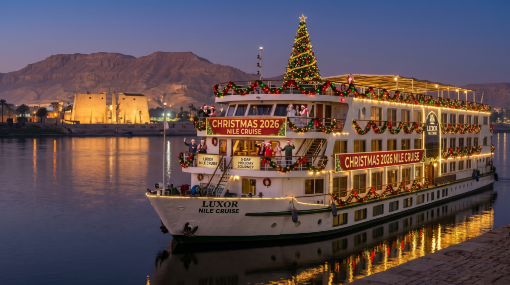 Christmas week Nile cruise ship moored between Luxor and Aswan