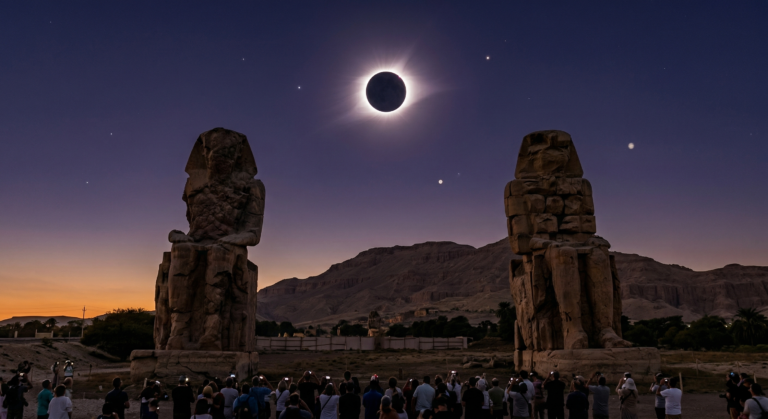 Illustration of the 2027 total solar eclipse over the Colossi of Memnon