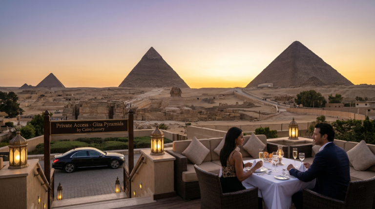 Dinner on a terrace facing the Giza Pyramids at sunset