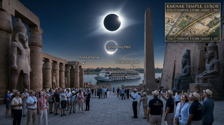 Illustration of the 2027 solar eclipse seen from Karnak Temple